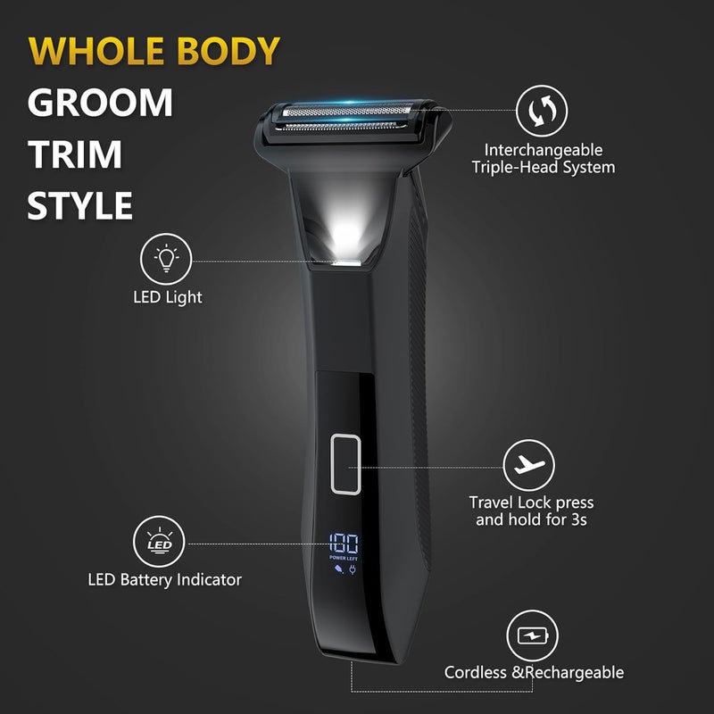 Bomic Manscape 3-in-1 Body Trimmer for Men, Groin, Pubic & Ball Hair Shaver No-Nick, Nose Hair Trimmer, Body Groomer for Smooth Shaving, Lightweight with Travel Lock, LED Display, IPX7 Waterproof - Image 3